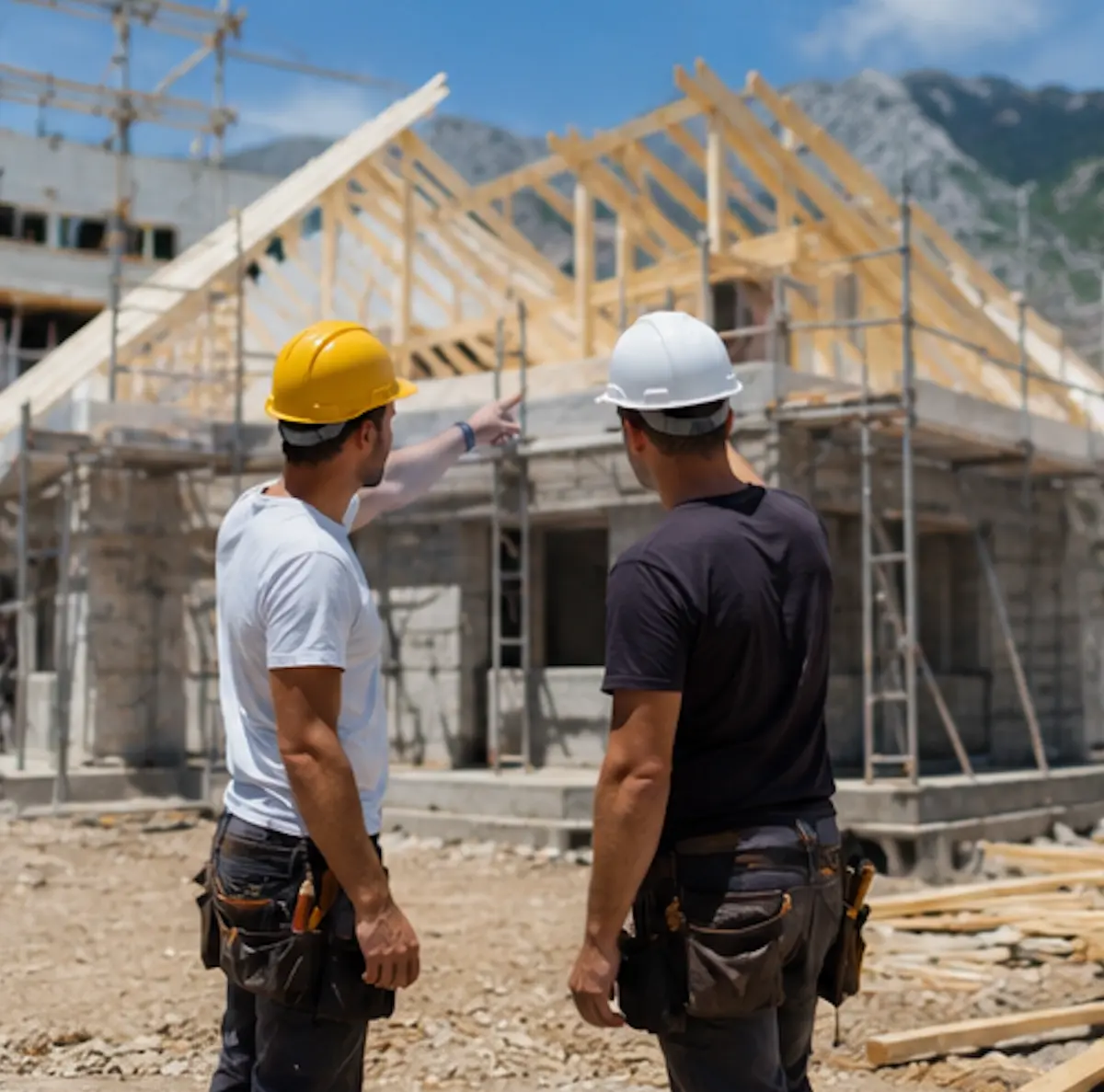 Artisans du bâtiment travaillant sur un chantier de construction en Haute-Savoie, illustrant l'assurance professionnelle et la protection des entreprises du BTP.