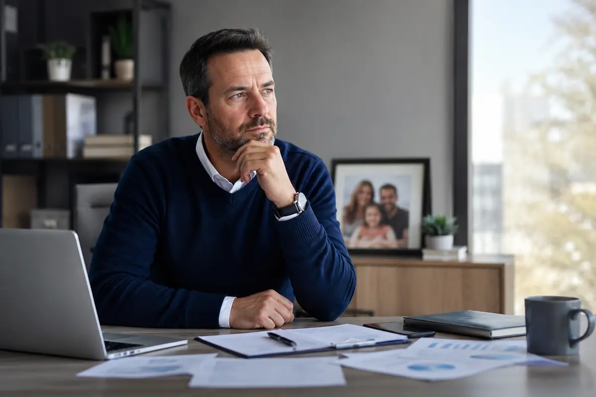 Dirigeant d’entreprise dans un bureau moderne réfléchissant à sa protection financière en cas d’arrêt de travail, symbolisant l’assurance prévoyance professionnelle et le maintien de revenus.