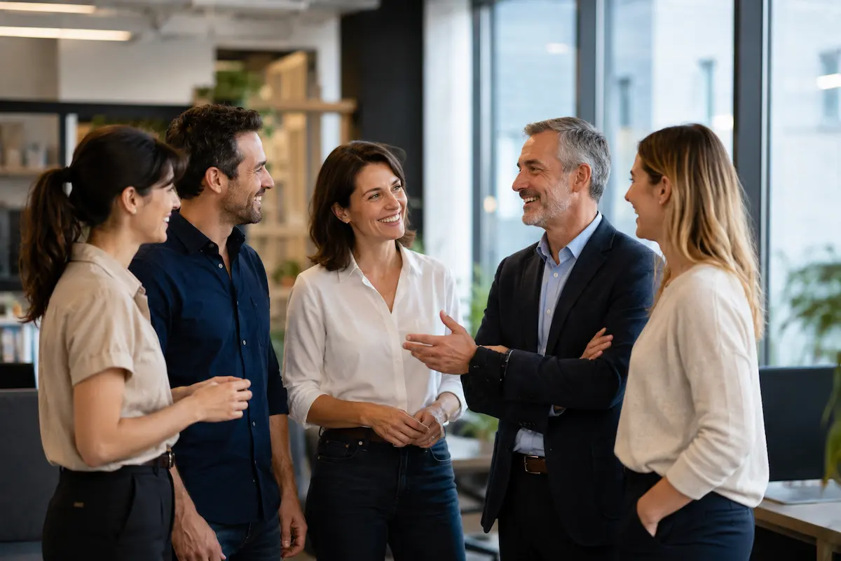 Dirigeant et collaborateurs échangeant dans une entreprise moderne pour illustrer la protection sociale et les avantages collectifs.